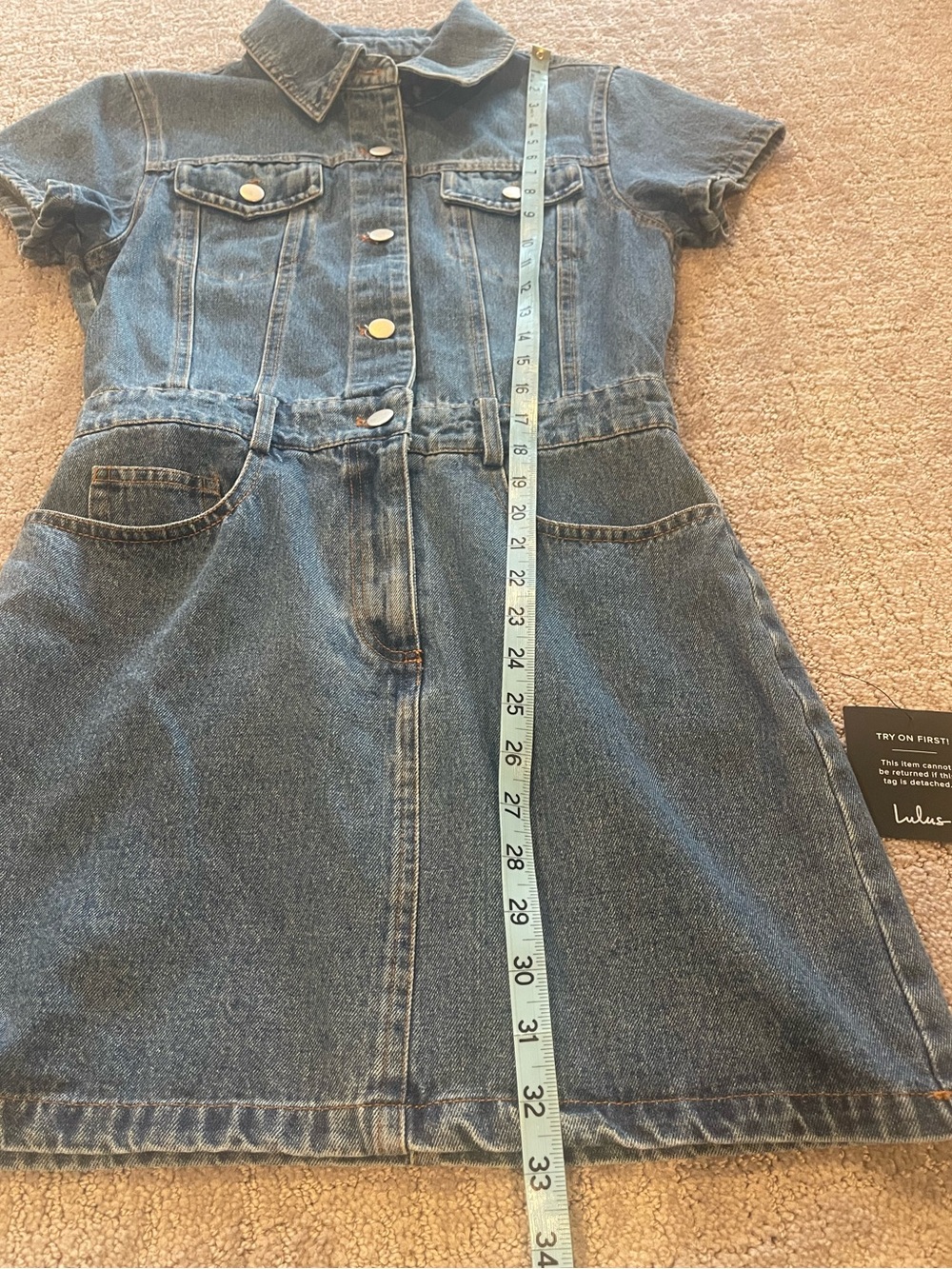 NWT Lulus Medium Wash Denim Mini Dress, Button Front, Short Sleeves, Size Small - Picture 9 of 16